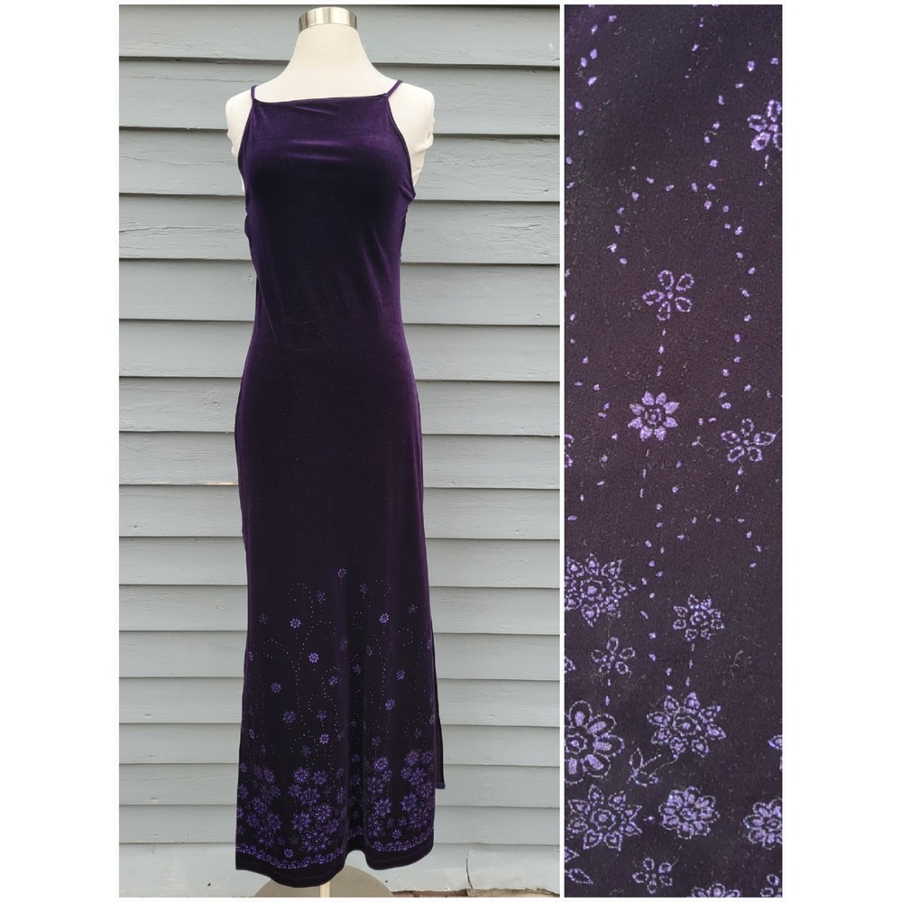 Status Collection‎ Maxi Dress Purple Velvet Glitter Floral Slit Vintage Small